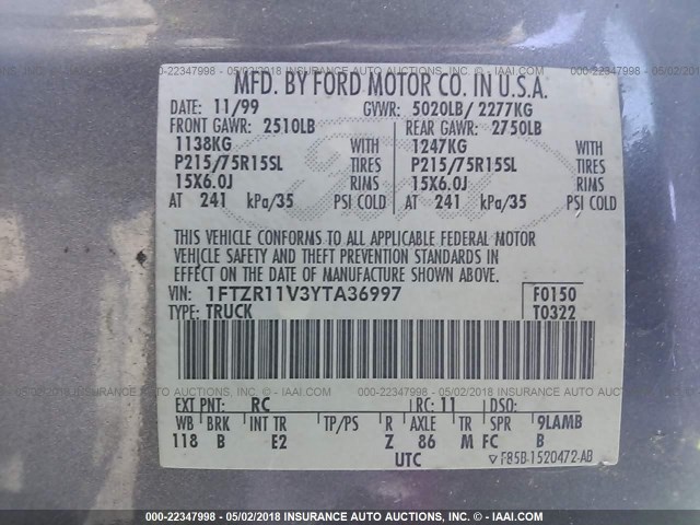 1FTZR11V3YTA36997 - 2000 FORD RANGER GRAY photo 9