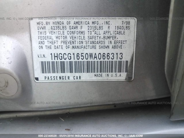 1HGCG1650WA066313 - 1998 HONDA ACCORD EX SILVER photo 9