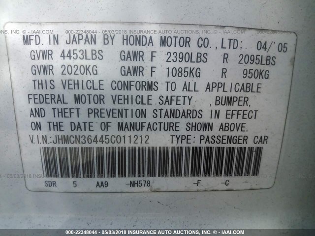 JHMCN36445C011212 - 2005 HONDA ACCORD HYBRID WHITE photo 9