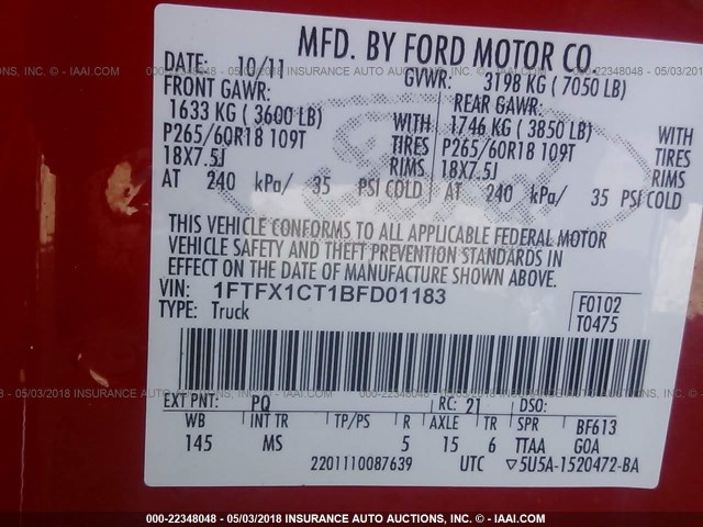 1FTFX1CT1BFD01183 - 2011 FORD F150 SUPER CAB RED photo 9