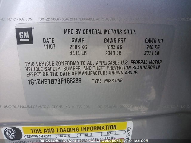 1G1ZH57B78F168238 - 2008 CHEVROLET MALIBU 1LT SILVER photo 9