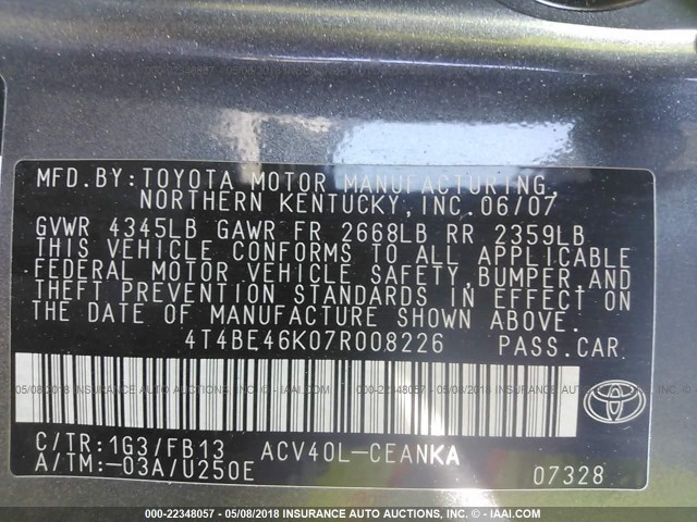 4T4BE46K07R008226 - 2007 TOYOTA CAMRY NEW GENERAT CE/LE/XLE/SE GRAY photo 9