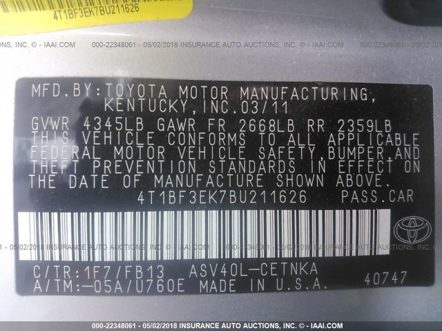 4T1BF3EK7BU211626 - 2011 TOYOTA CAMRY SE/LE/XLE SILVER photo 9