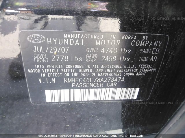 KMHFC46F78A273474 - 2008 HYUNDAI AZERA SE/LIMITED BLACK photo 9