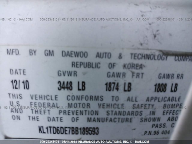 KL1TD6DE7BB189593 - 2011 CHEVROLET AVEO LS/LT 白色 照片 9