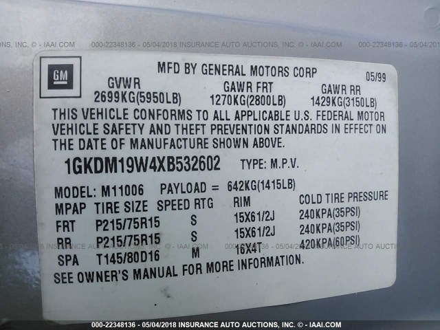 1GKDM19W4XB532602 - 1999 GMC SAFARI XT GRAY photo 9