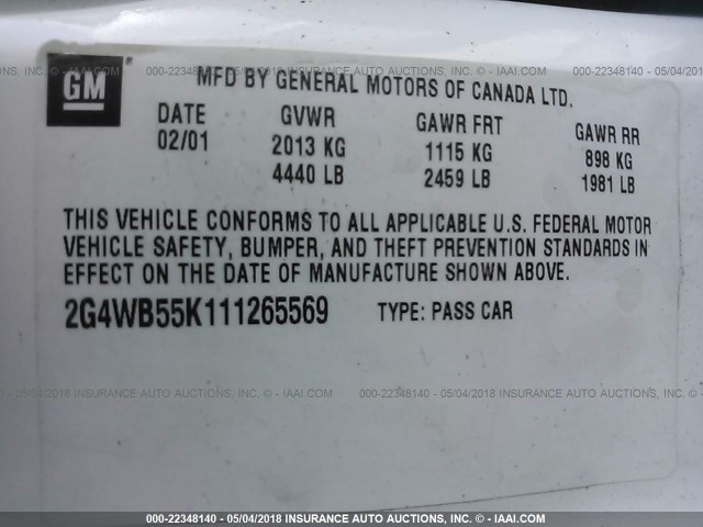 2G4WB55K111265569 - 2001 BUICK REGAL LS 白色 照片 9