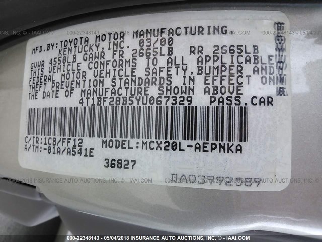 4T1BF28B5YU067329 - 2000 TOYOTA AVALON XL/XLS GRAY photo 9