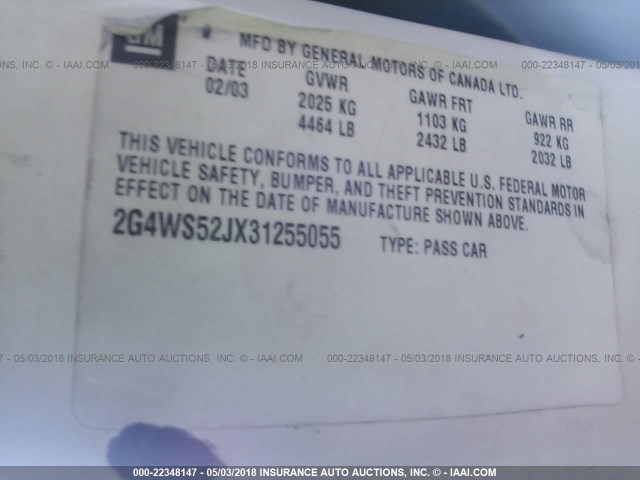 2G4WS52JX31255055 - 2003 BUICK CENTURY CUSTOM WHITE photo 9