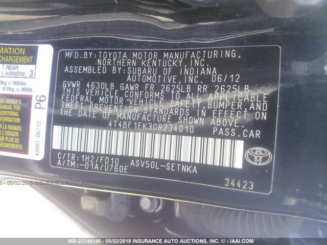 4T4BF1FK3CR234010 - 2012 TOYOTA CAMRY SE/LE/XLE BLACK photo 9