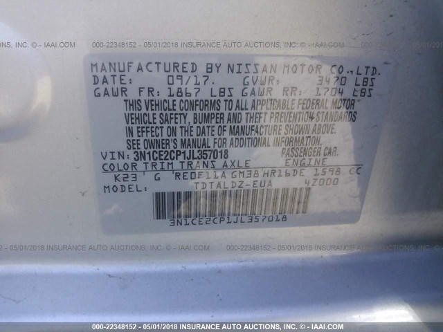 3N1CE2CP1JL357018 - 2018 NISSAN VERSA NOTE S/S PLUS/SV/SL/SR SILVER photo 9