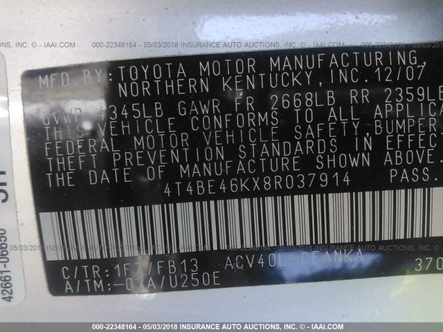 4T4BE46KX8R037914 - 2008 TOYOTA CAMRY CE/LE/XLE/SE SILVER photo 9