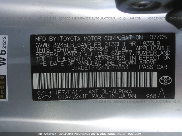 JTKDE177260077854 - 2006 TOYOTA SCION TC SILVER photo 9