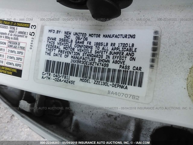 1NXBR30E16Z747499 - 2006 TOYOTA COROLLA CE/LE/S WHITE photo 9