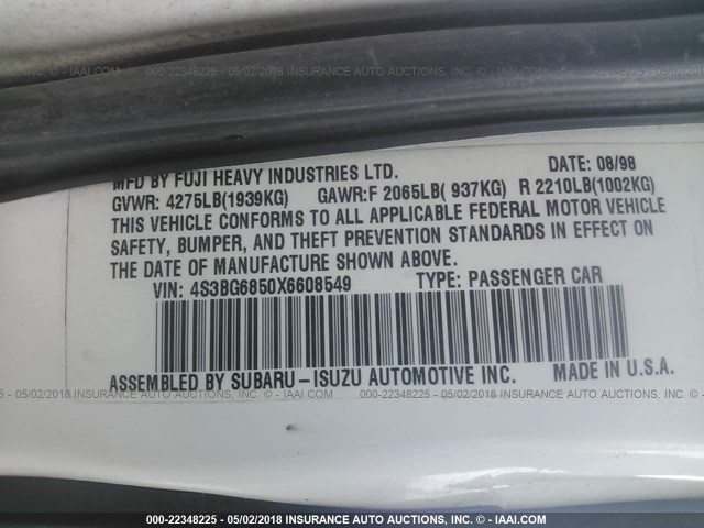 4S3BG6850X6608549 - 1999 SUBARU LEGACY OUTBACK/SSV/LIMITED/30TH WHITE photo 9