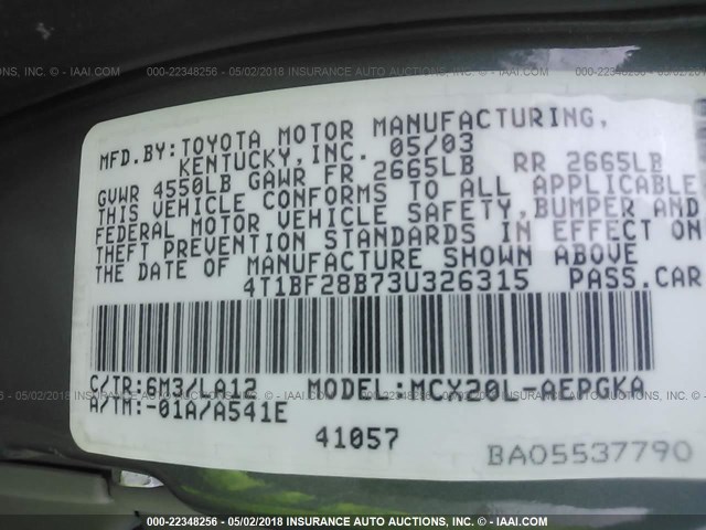 4T1BF28B73U326315 - 2003 TOYOTA AVALON XL/XLS GREEN photo 9