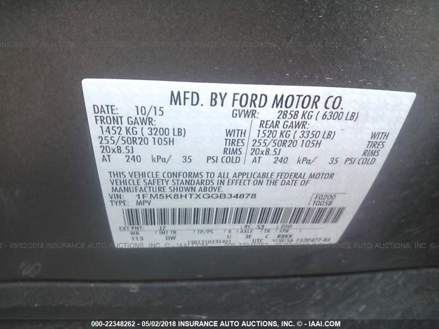 1FM5K8HTXGGB34878 - 2016 FORD EXPLORER PLATINUM GRAY photo 9