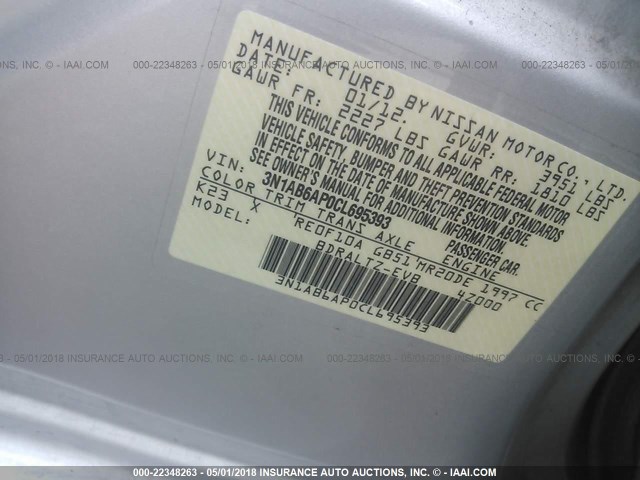 3N1AB6AP0CL695393 - 2012 NISSAN SENTRA 2.0/2.0S/SR/2.0SL SILVER photo 9