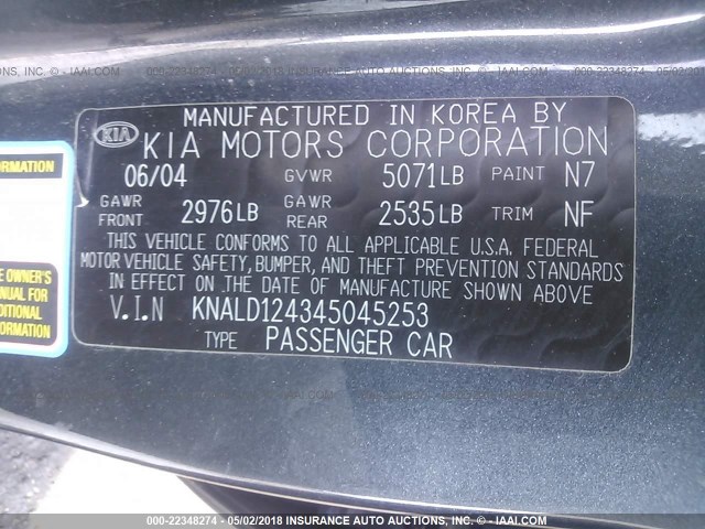 KNALD124345045253 - 2004 KIA AMANTI GRAY photo 9