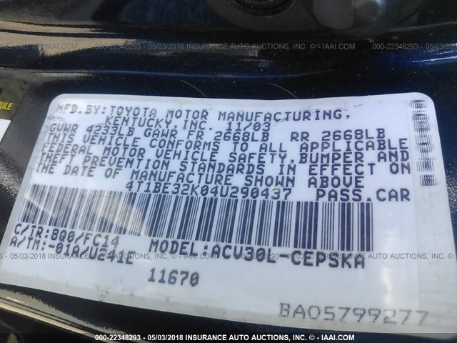 4T1BE32K04U290437 - 2004 TOYOTA CAMRY LE/XLE/SE ლურჯი ფოტო 9