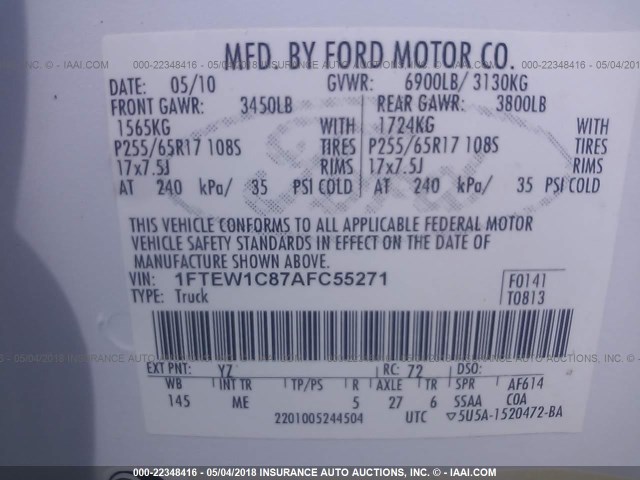 1FTEW1C87AFC55271 - 2010 FORD F150 SUPERCREW WHITE photo 9