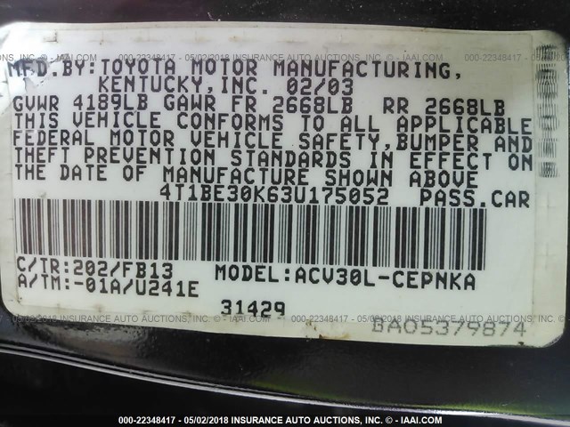 4T1BE30K63U175052 - 2003 TOYOTA CAMRY LE/XLE/SE 黑色 照片 9