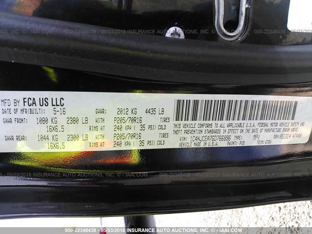 1C4NJCEA7GD766896 - 2016 JEEP COMPASS LATITUDE 黑色 照片 9