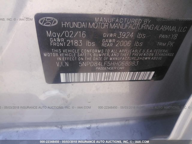 5NPD84LF5HH068083 - 2017 HYUNDAI ELANTRA SE/VALUE/LIMITED SILVER photo 9