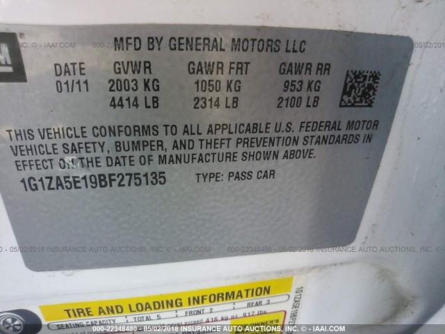 1G1ZA5E19BF275135 - 2011 CHEVROLET MALIBU LS 白色 照片 9