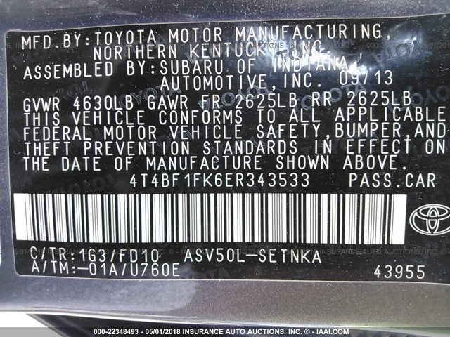 4T4BF1FK6ER343533 - 2014 TOYOTA CAMRY L/SE/LE/XLE 灰色 照片 9