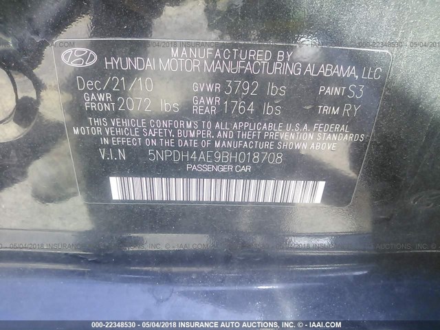 5NPDH4AE9BH018708 - 2011 HYUNDAI ELANTRA GLS/LIMITED BLACK photo 9