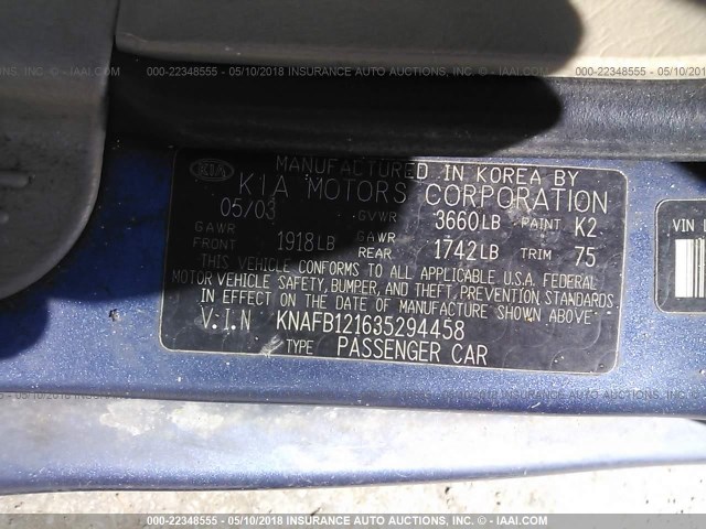 KNAFB121635294458 - 2003 KIA SPECTRA LS BLUE photo 9