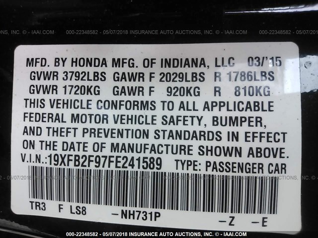 19XFB2F97FE241589 - 2015 HONDA CIVIC EXL BLACK photo 9