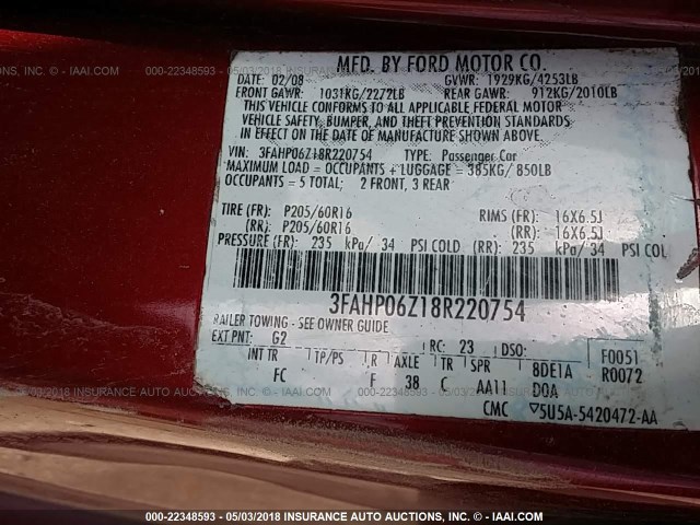 3FAHP06Z18R220754 - 2008 FORD FUSION S RED photo 9