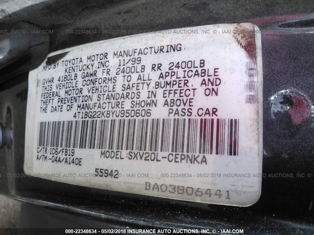 4T1BG22K8YU950606 - 2000 TOYOTA CAMRY CE/LE/XLE ნაცრისფერი ფოტო 9