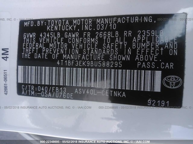 4T1BF3EK9BU588295 - 2011 TOYOTA CAMRY SE/LE/XLE WHITE photo 9