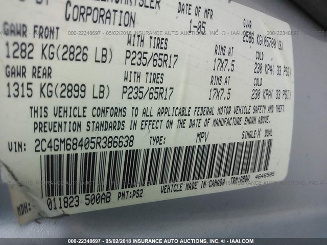 2C4GM68405R386638 - 2005 CHRYSLER PACIFICA TOURING SILVER photo 9