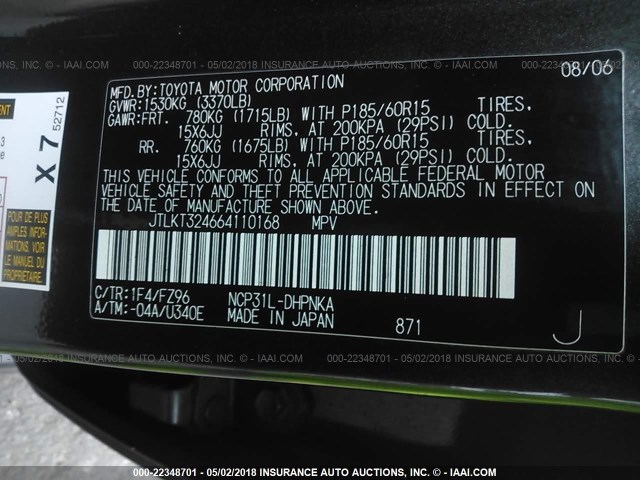 JTLKT324664110168 - 2006 TOYOTA SCION XB BLACK photo 9