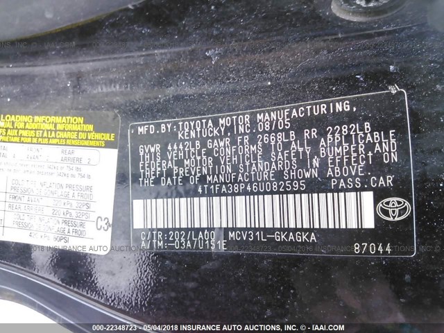 4T1FA38P46U082595 - 2006 TOYOTA CAMRY SOLARA SE/SLE BLACK photo 9