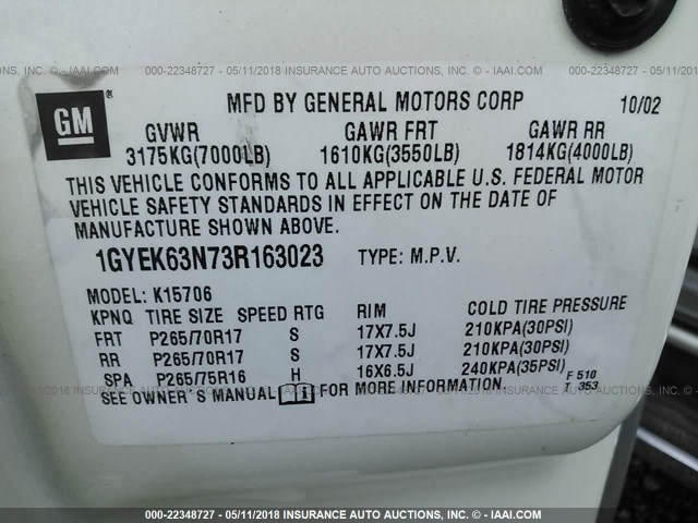 1GYEK63N73R163023 - 2003 CADILLAC ESCALADE LUXURY თეთრი ფოტო 9