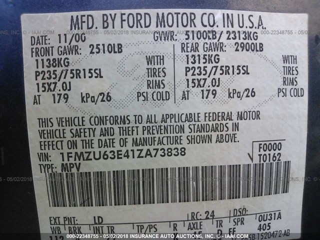 1FMZU63E41ZA73838 - 2001 FORD EXPLORER XLT BLUE photo 9