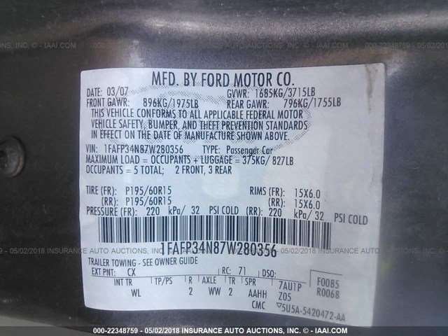 1FAFP34N87W280356 - 2007 FORD FOCUS ZX4/S/SE/SES GRAY photo 9