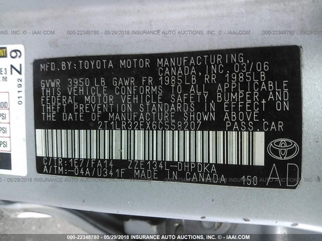 2T1LR32EX6C558207 - 2006 TOYOTA COROLLA MATRIX XR SILVER photo 9