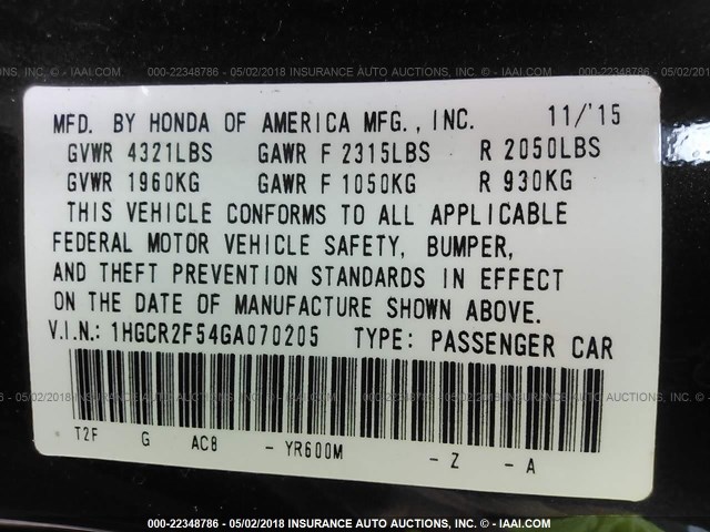 1HGCR2F54GA070205 - 2016 HONDA ACCORD SPORT მუქი ყავისფერი ფოტო 9