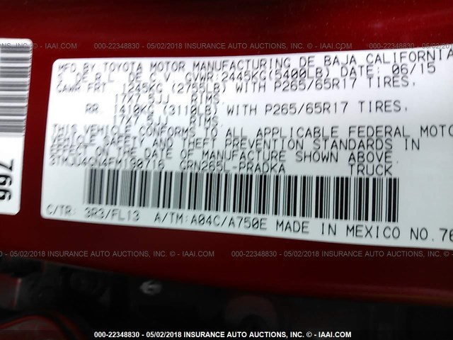 3TMJU4GN4FM190716 - 2015 TOYOTA TACOMA DOUBLE CAB PRERUNNER RED photo 9