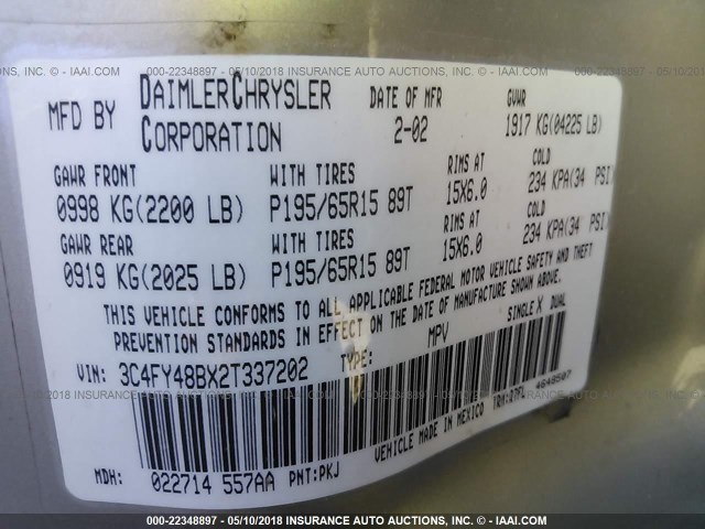 3C4FY48BX2T337202 - 2002 CHRYSLER PT CRUISER CLASSIC 棕色 照片 9