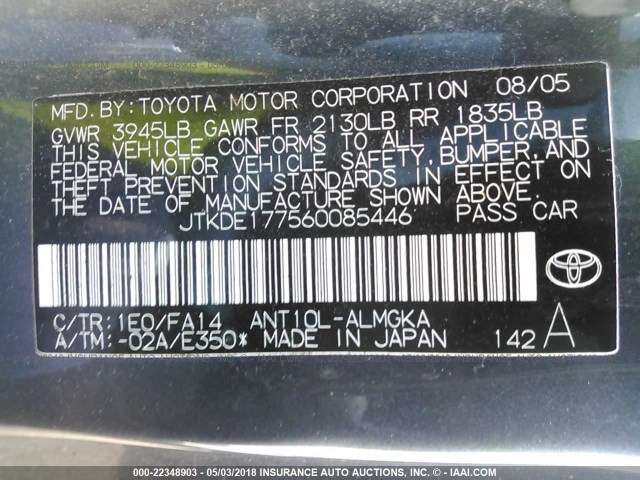 JTKDE177560085446 - 2006 TOYOTA SCION TC GRAY photo 9