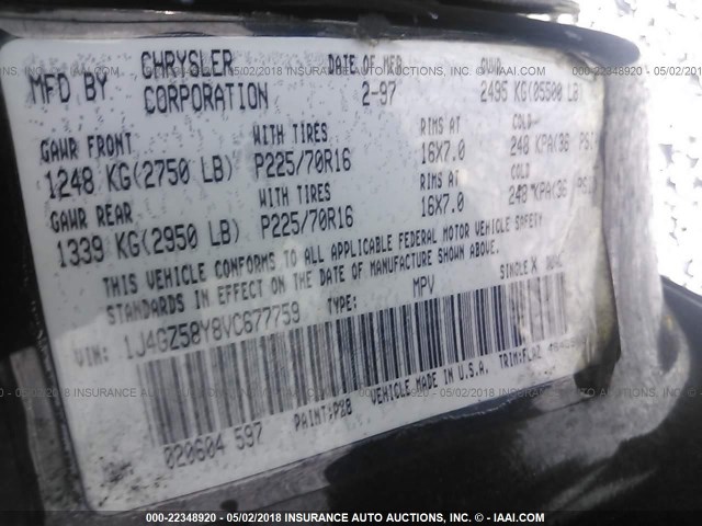 1J4GZ58Y8VC677759 - 1997 JEEP GRAND CHEROKEE LAREDO/TSI BLACK photo 9