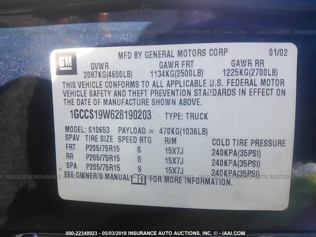 1GCCS19W628190203 - 2002 CHEVROLET S TRUCK S10 BLUE photo 9