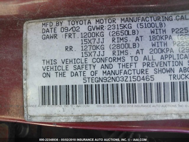 5TEGN92N03Z150465 - 2003 TOYOTA TACOMA DOUBLE CAB PRERUNNER MAROON photo 9